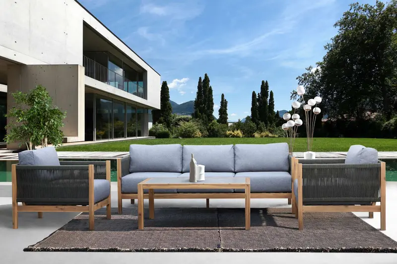 Sienna Outdoor Eucalyptus Lounge Chair in Teak Finish with Grey Cushions By Armen Living