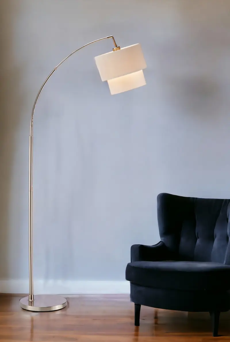 Silver Adjustable Arched Floor Lamp With White And Natural Fabric Drum Shade By Homeroots