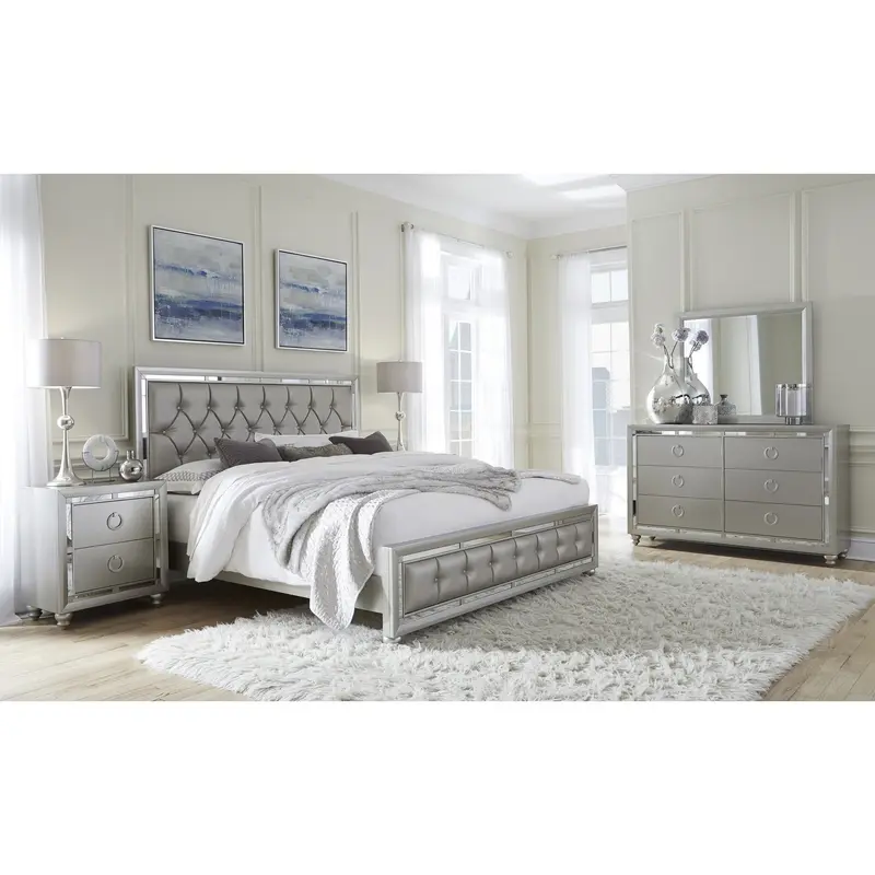 Silver Champagne Tone Full Bed Padded Headboard Padded Footboard Mirror Trim Accents By Homeroots