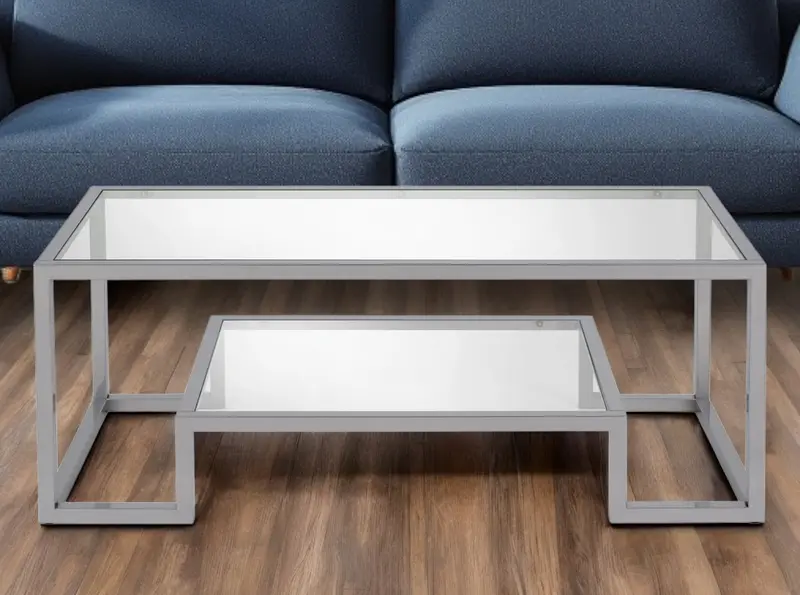 Silver Glass And Steel Coffee Table With Shelf By Homeroots