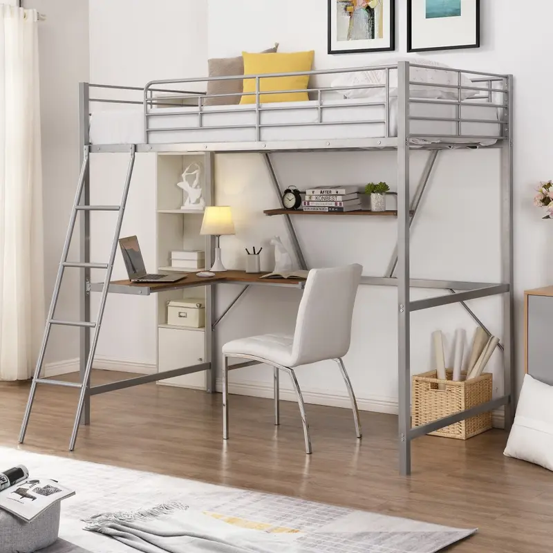 Silver Metal Loft Bed With L Shaped Desk And Shelf By Homeroots