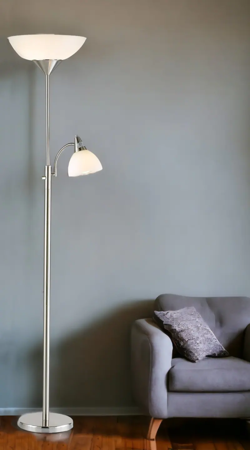 Silver Metal Two Light Torchiere Floor Lamp With White Bowl Shade By Homeroots