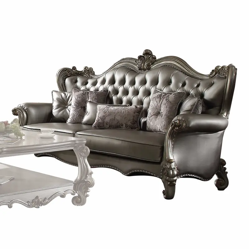 Silver PU Antique Platinum Upholstery Poly Resin Sofa w Pillows By Homeroots