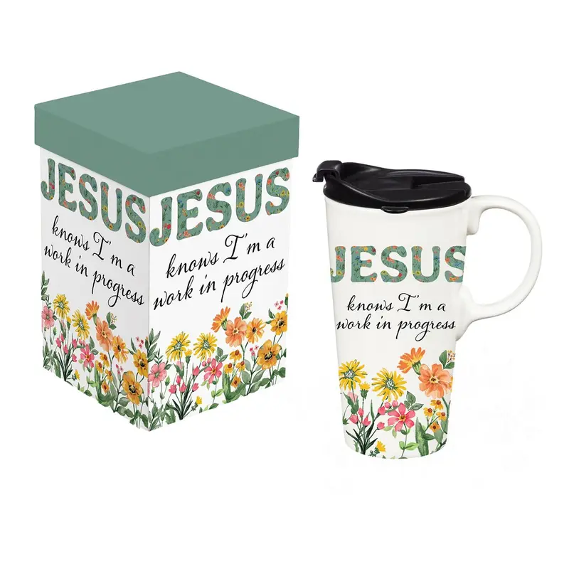 Simple Blessings Travel Cup Ceramic Perfect Cup, Jesus knows I'm a Work in Progress, 17oz, Gift Box