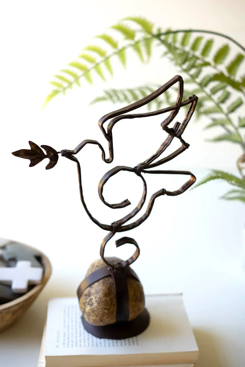 Sister Clara Metal Peace Dove On Caged Rock Base (Min 2) By Kalalou