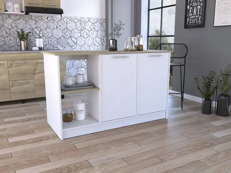 Sleek and Modern White and Light Oak Kitchen Island By Homeroots