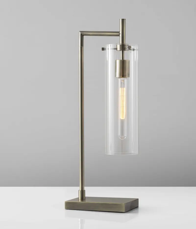 Sleek Clear Glass Cylinder Shade with Vintage Filament Bulb Antique Brass Metal Table Lamp By Homeroots