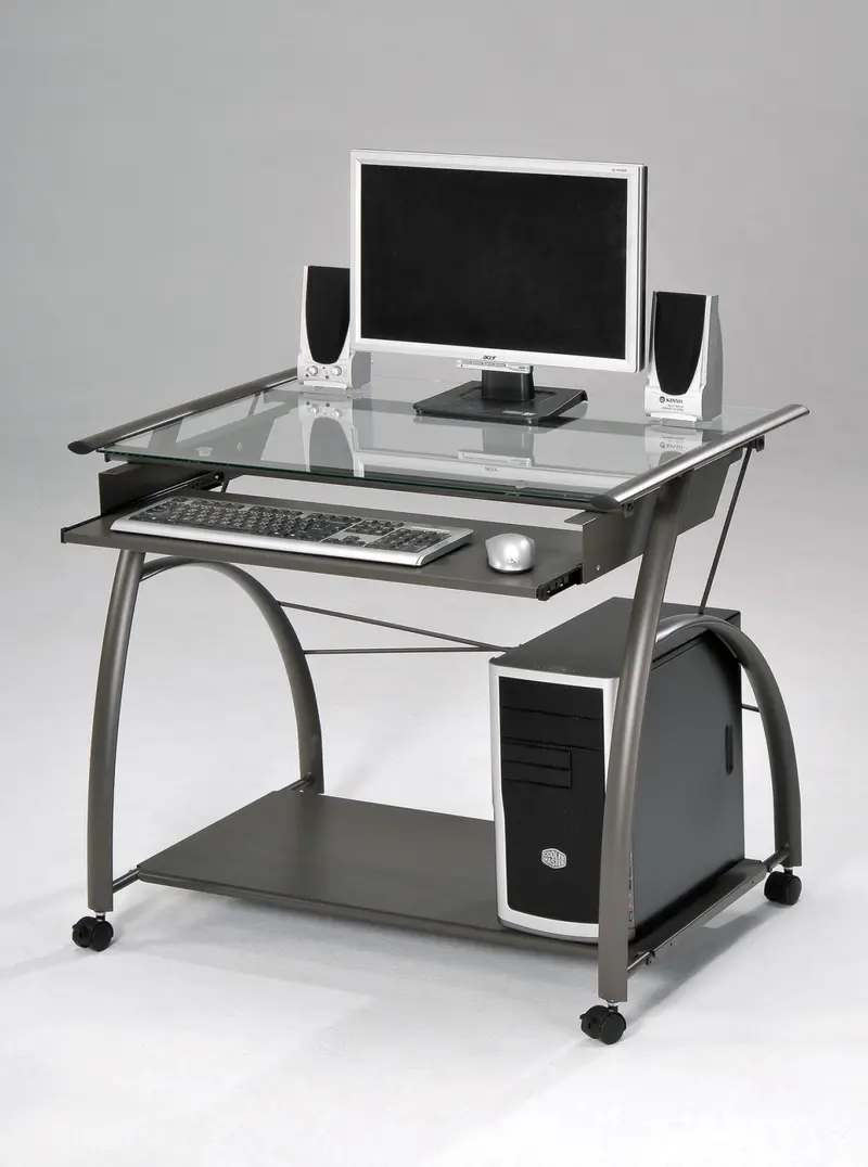 Sleek Pewter and Glass Computer Desk. By Homeroots