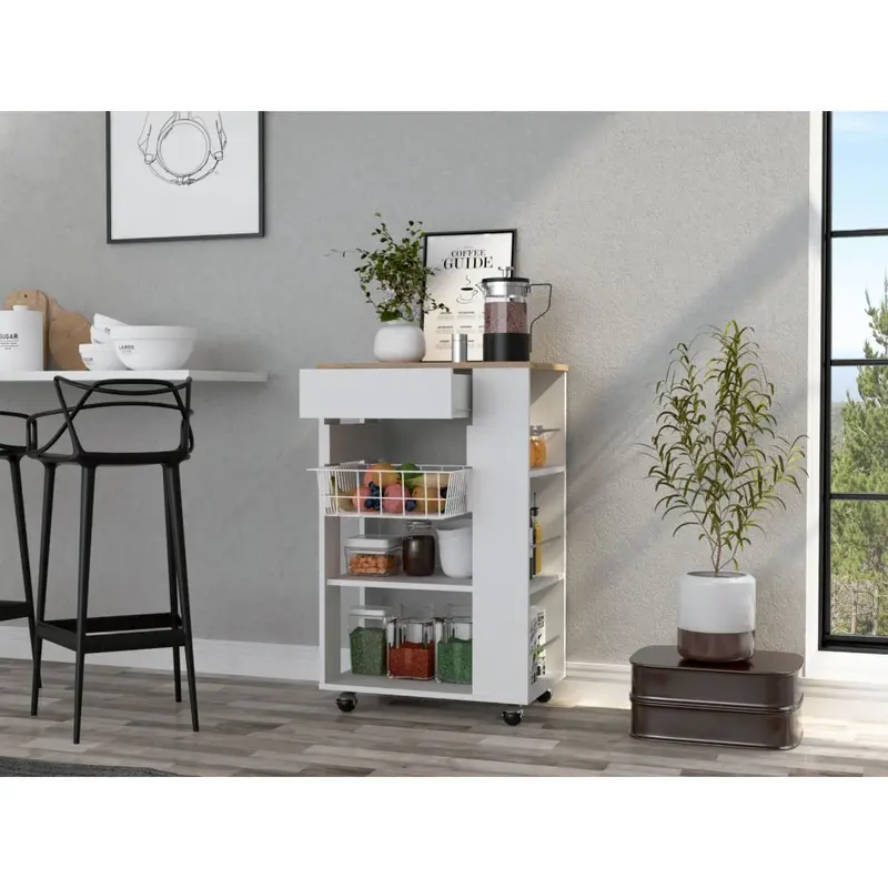 Sleek White and Light Oak Portable Kitchen Cart By Homeroots