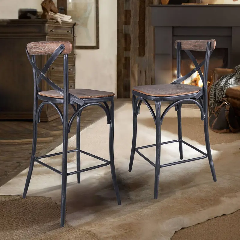 Sloan 26” Industrial Grey and Pine Wood X-Back Counter Height Counter Stool By Armen Living