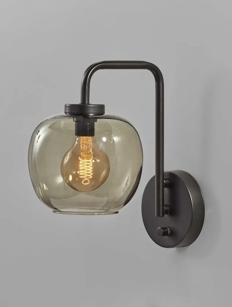 Smoked Glass Globe Shade with Vintage Edison Bulb and Matte Black Metal Wall Lamp By Homeroots