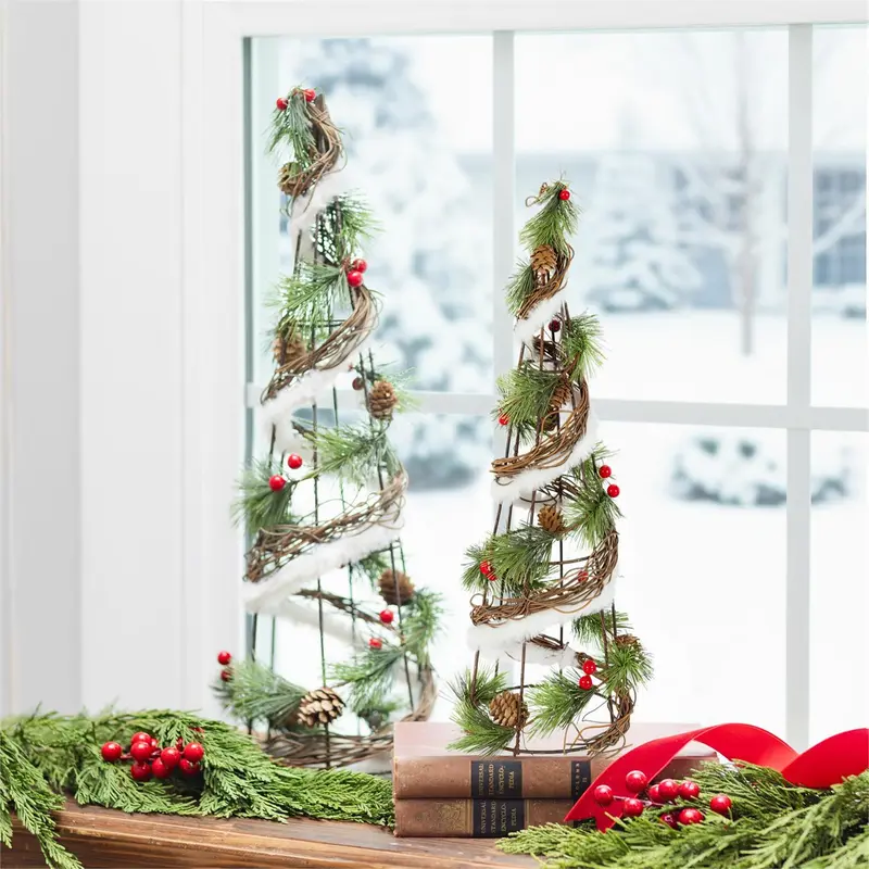 Snowbirds Faux Floral Table Decor, Wood & Berry Table Top Tree, Nested Set of 2