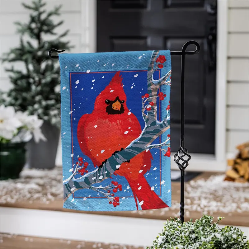 Snowy Cardinal Burlap Garden Flag