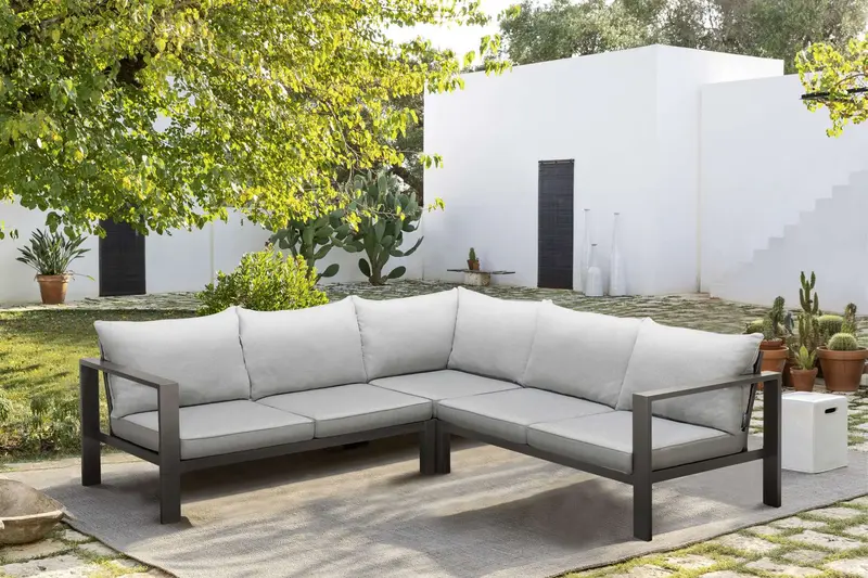 Solana Outdoor Sectional in Cosmos Finish with Grey Cushions By Armen Living