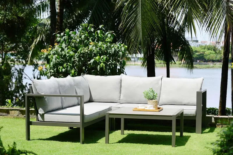 Solana Outdoor Sectional Set in Cosmos Finish with Grey Cushions and Coffee Table By Armen Living