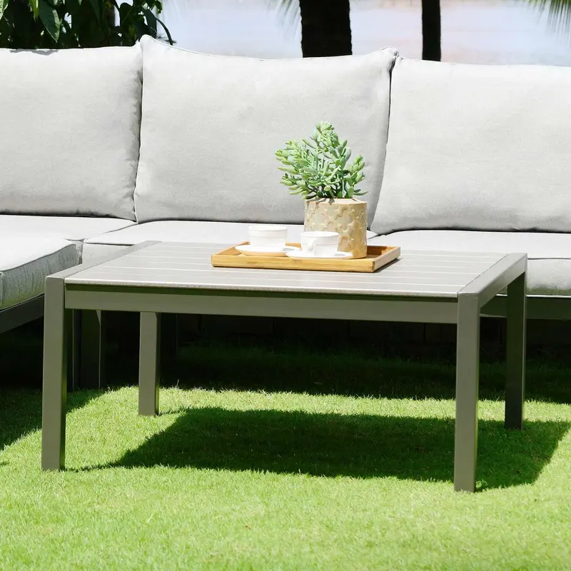 Solana Outdoor Square Coffee Table in Cosmos Grey Finish with Wood Top By Armen Living