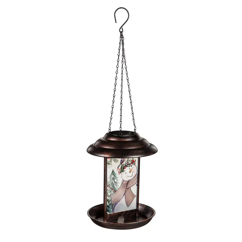Solar Glass and Metal Snowman Bird Feeder