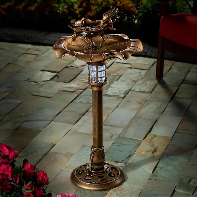 Solar Plastic Bird Bath, Bird on Branch Gold Finish