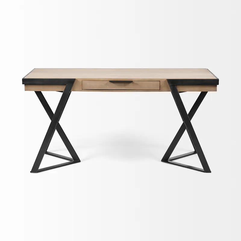 Solid Mango Wood Finish Writing Desk With Single Storage And Black Triangular Iron Legs By Homeroots