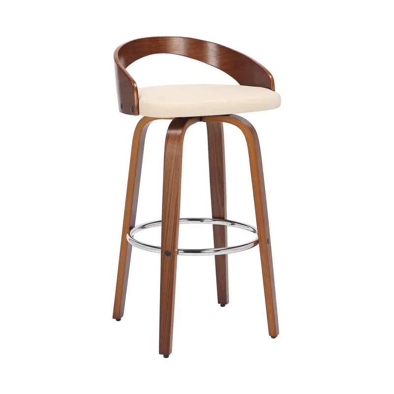 Sonia 30" Bar Height Swivel Cream Faux Leather and Walnut Wood Bar Stool By Armen Living