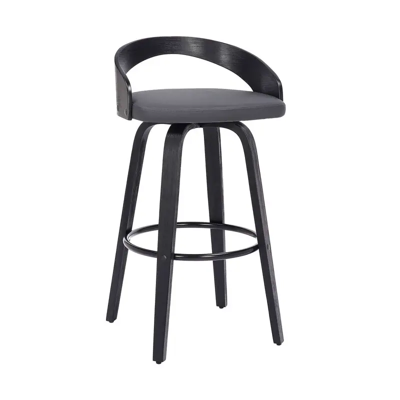 Sonia 30" Bar Height Swivel Grey Faux Leather and Black Wood Bar Stool By Armen Living