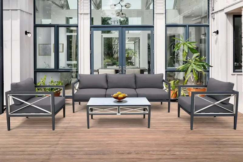 Sonoma Outdoor 4 piece Set in Dark Grey Finish and Charcoal Cushions By Armen Living