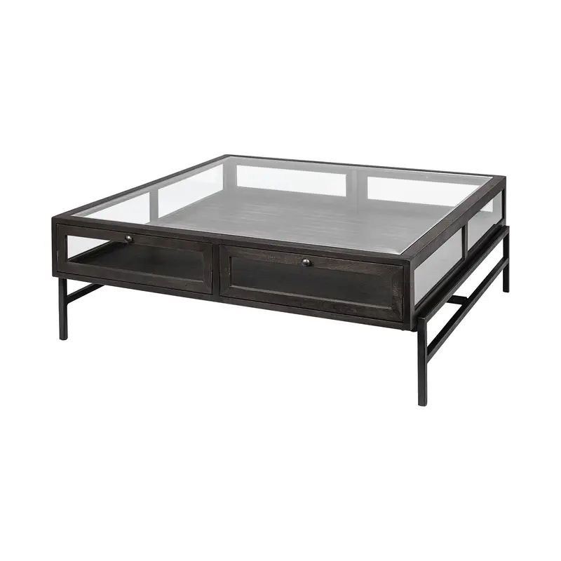 Square Glass Top Wood and Black Metal Base Display Coffee Table w 2 Drawers By Homeroots