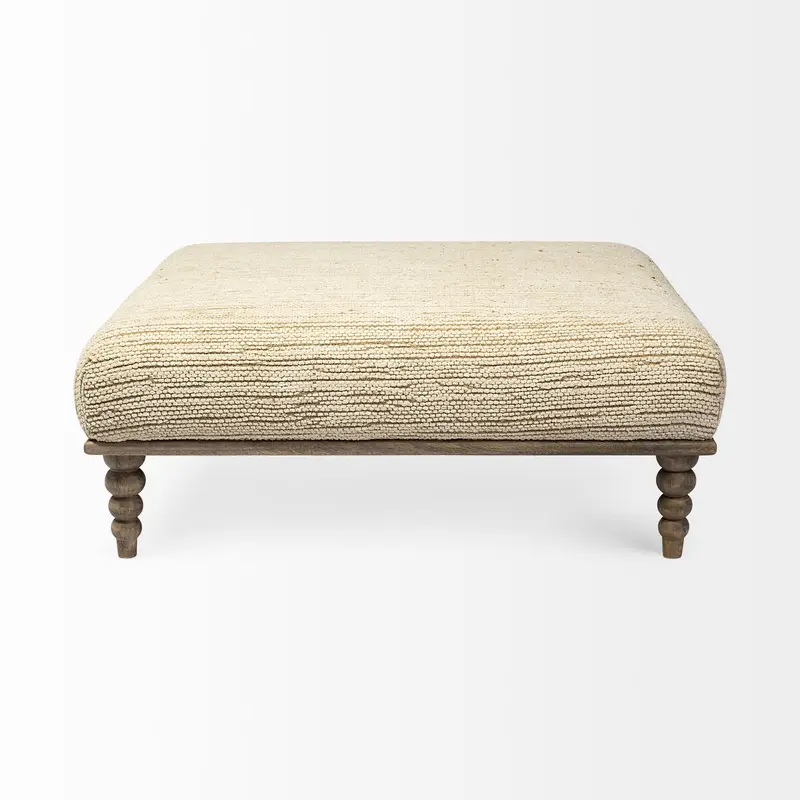 Square Indian Mango WoodNatural-Brown Polished W Upholstered Cream Seat Accent Bench By Homeroots