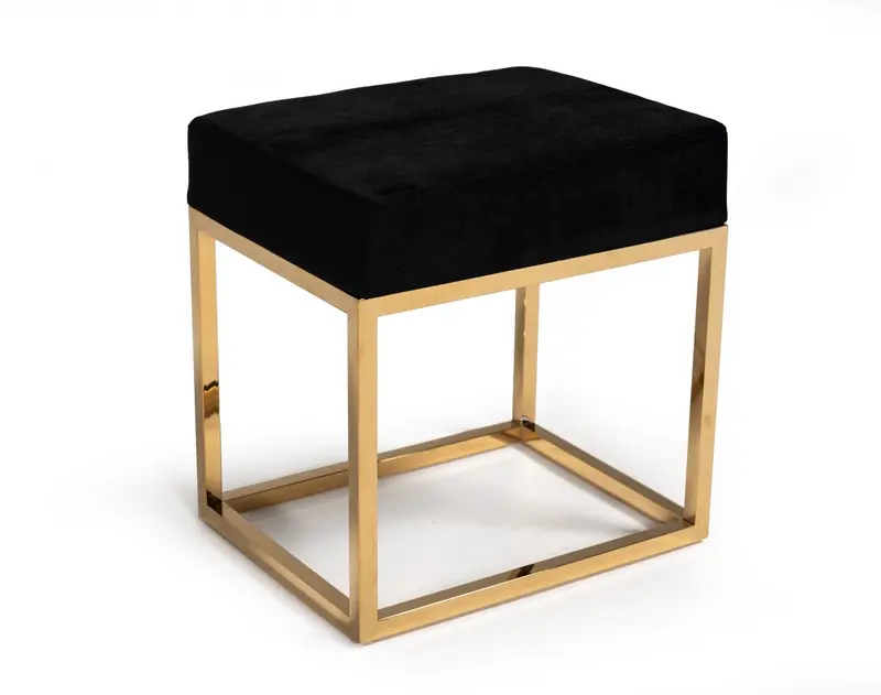 Square Modern Black Velvet Ottoman with Gold Stainless Steel By Homeroots