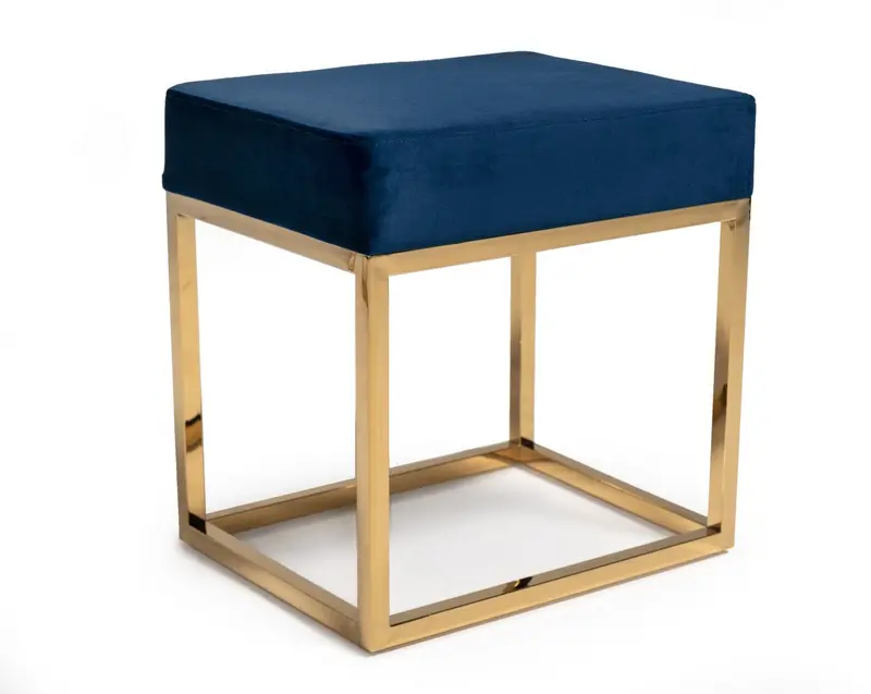 Square Modern Blue Velvet Ottoman with Gold Stainless Steel By Homeroots