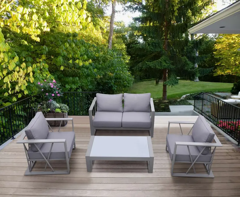 St Barts 4 piece Outdoor Patio Aluminum Set with Grey Fabric Cushions and White Glass Top By Armen Living