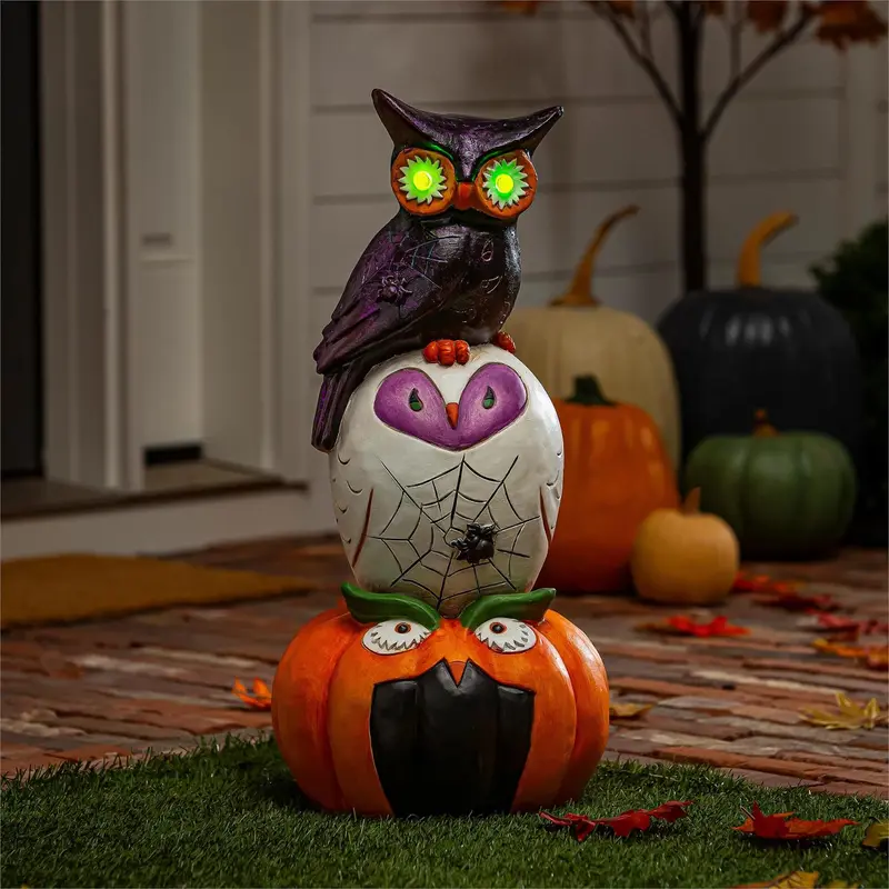 Stacked Owl and Jack O'Lantern Pumpkin LED Statue, 24"H