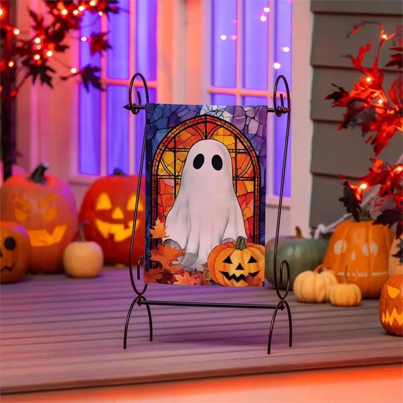 Stained Glass Halloween Ghost Burlap Flag Garden