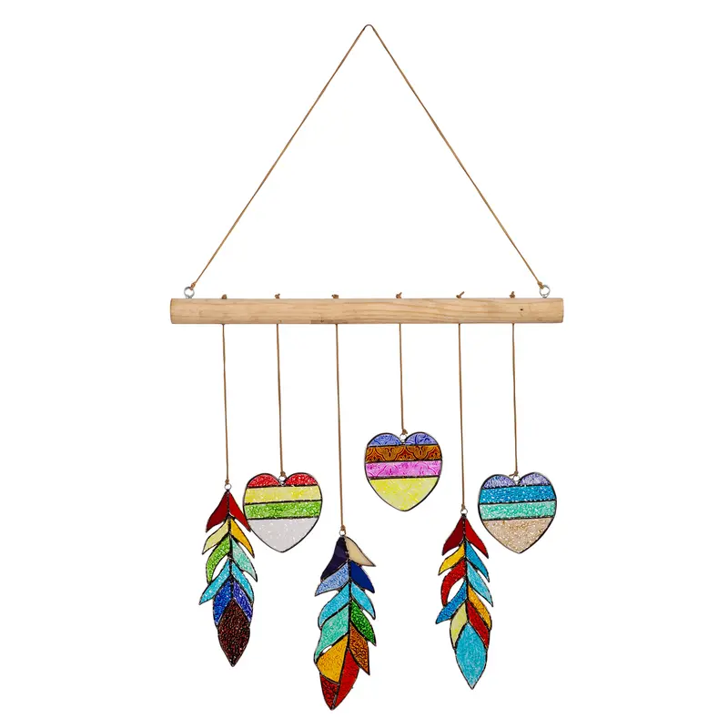 Stained Glass Heart and Feather Hanging Mobile,8mm021