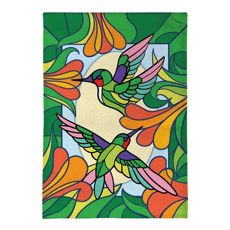 Stained Glass Hummingbirds Burlap Garden Flag