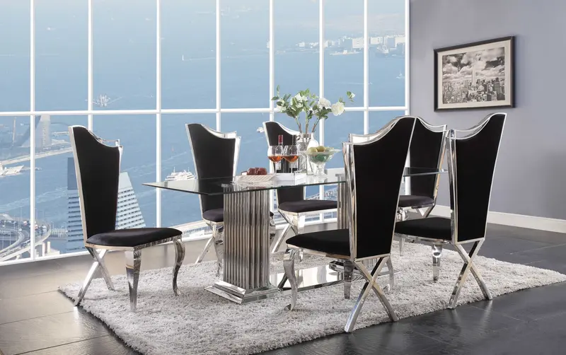Stainless Steel Clear Glass Mirror Dining Table Wdouble Pedestal By Homeroots