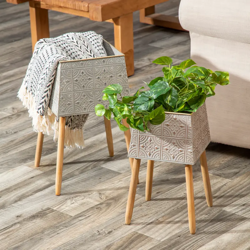 Stamped Metal Geometric Planter with Wooden Legs, Set of 2,8pmtl5288