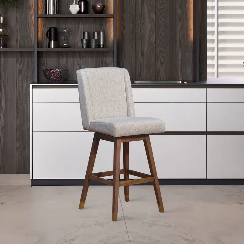 Stancoste Swivel Bar Stool in Brown Oak Wood Finish with Taupe Fabric By Armen Living