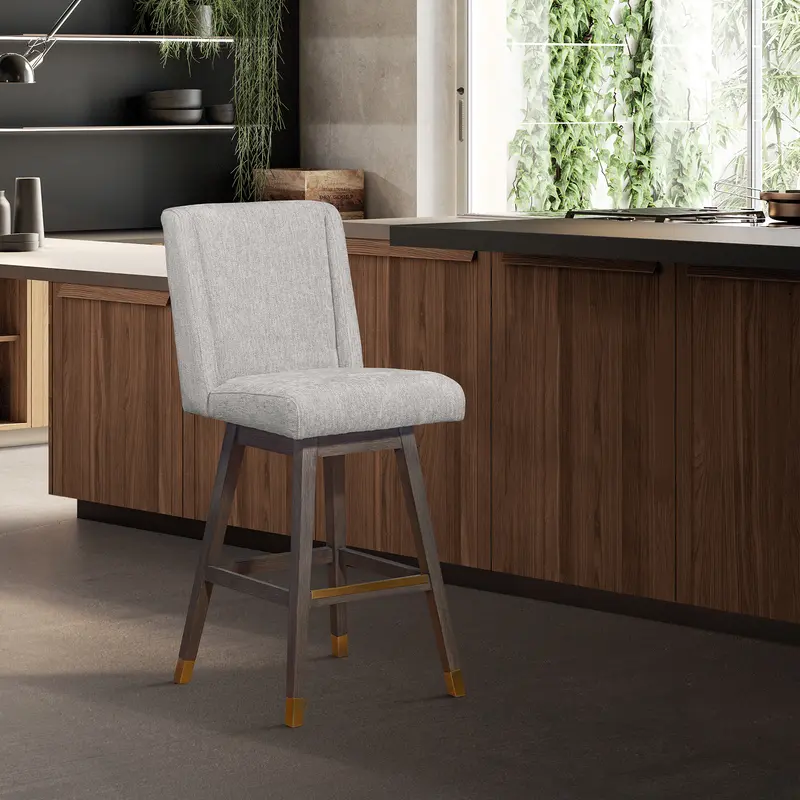 Stancoste Swivel Counter Stool in Grey Oak Wood Finish with Mocha Fabric By Armen Living