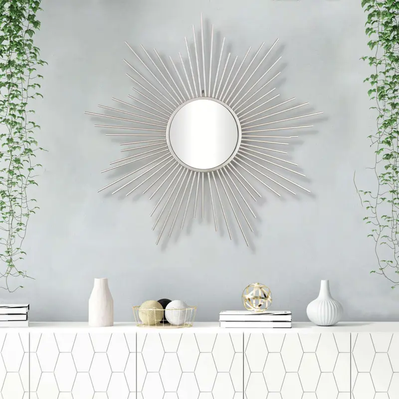 Striking Silver Metal Sunburst Design Wall Mirror By Homeroots