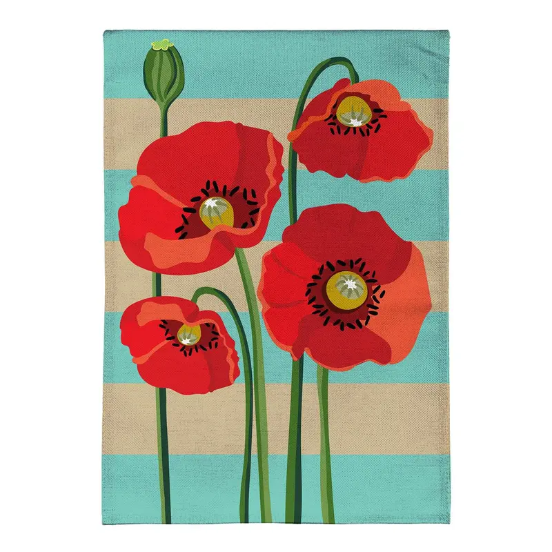 Stripes & Poppies Burlap House Flag