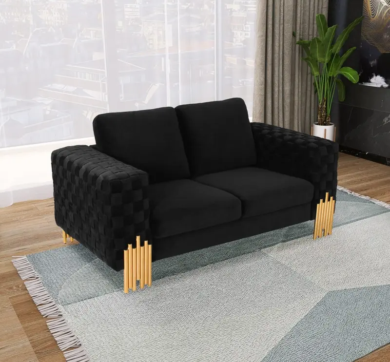 Stylish 69" Black Velvet And Gold Accent Loveseat By Homeroots