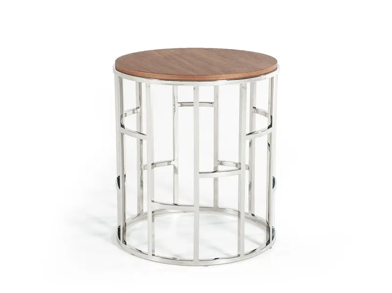 Stylish Silver And Walnut Round Geometric End or Side Table By Homeroots