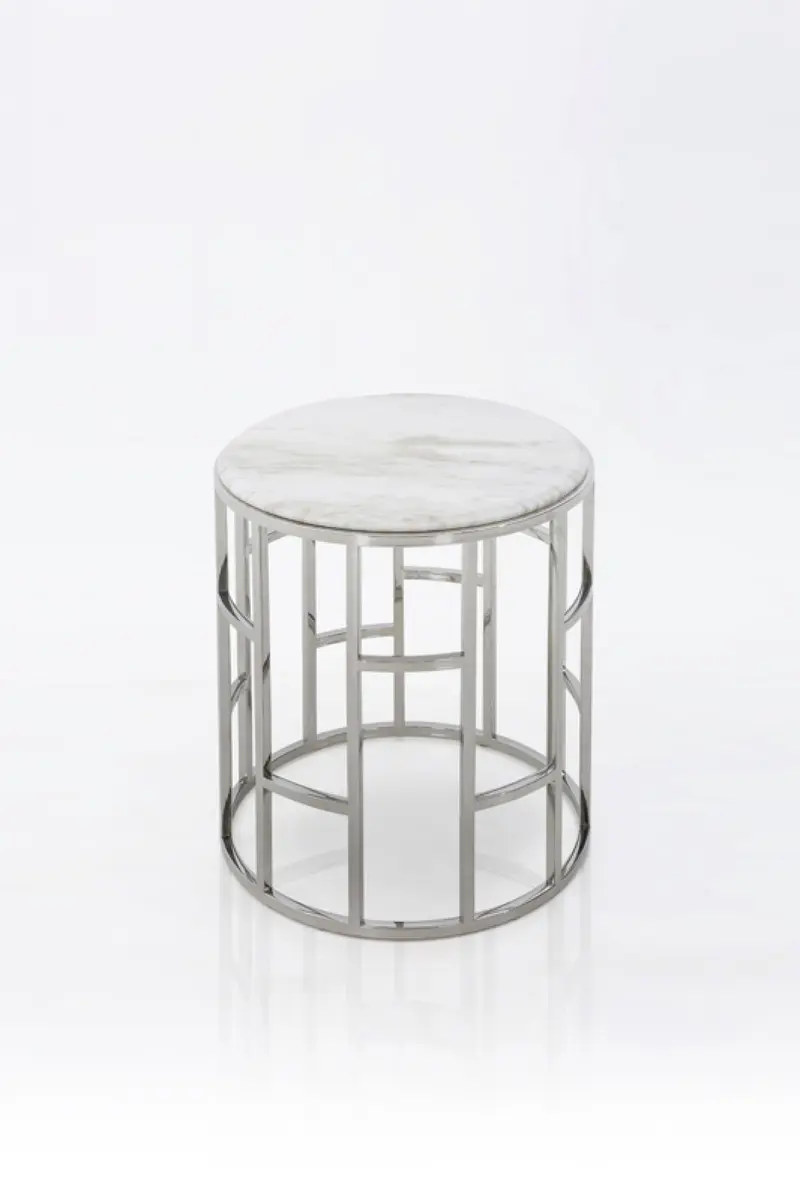 Stylish Silver And White Marble Round Geometric End or Side Table By Homeroots