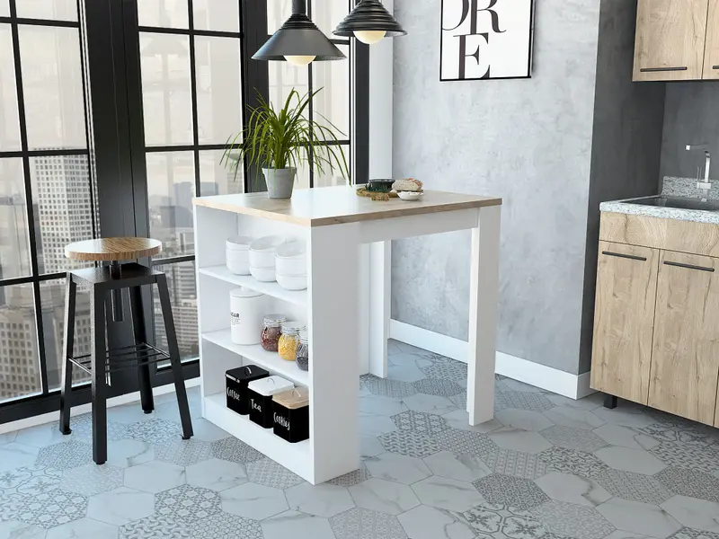 Stylish White and Pine Kitchen Counter and Dining Table Combination By Homeroots