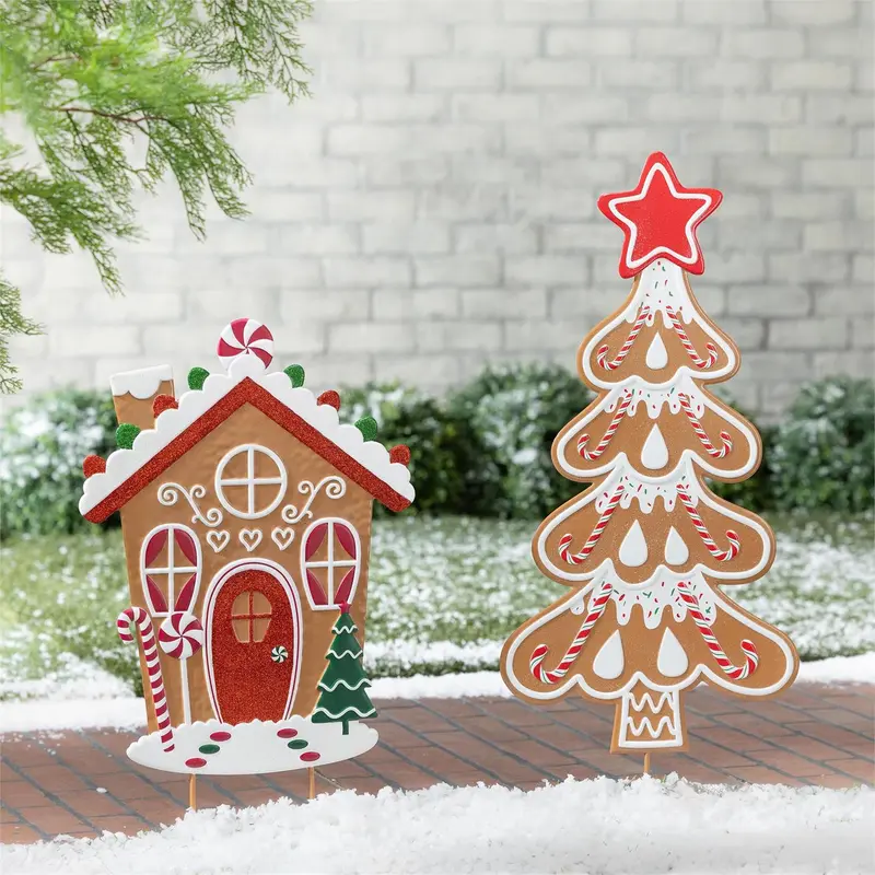 Sugar and Stripes Garden Stake, Metal, Gingerbread Cottage, 27"H, Asst of 2, CDU