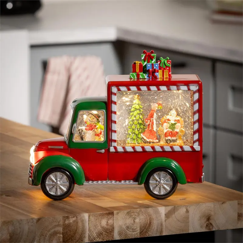 Sugar & Stripes Bright LED Table Decor Santa and Mrs. Claus in Truck Plastic Water Lantern, 9.5"L