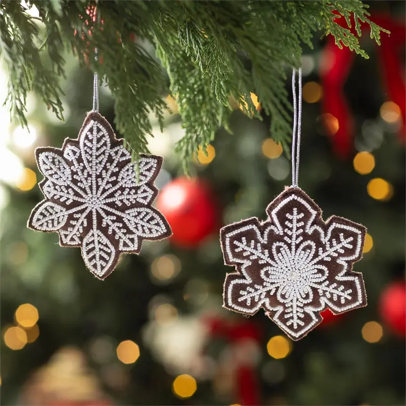 Sugar & Stripes Ornament Felt Gingerbread Snowflake, 4.25"H, Asst of 2