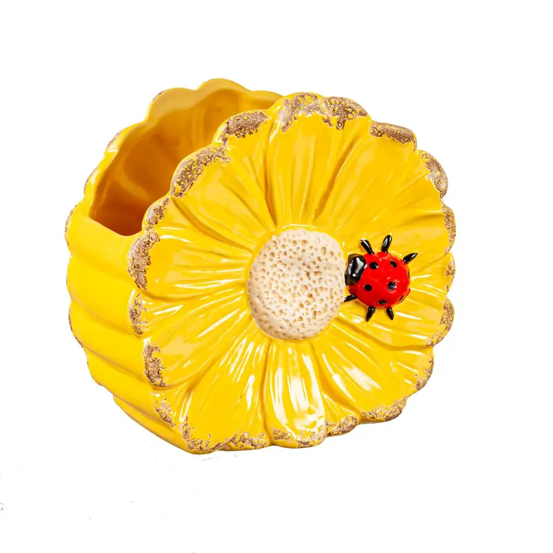 Sunflower Ceramic Planter with Ladybug