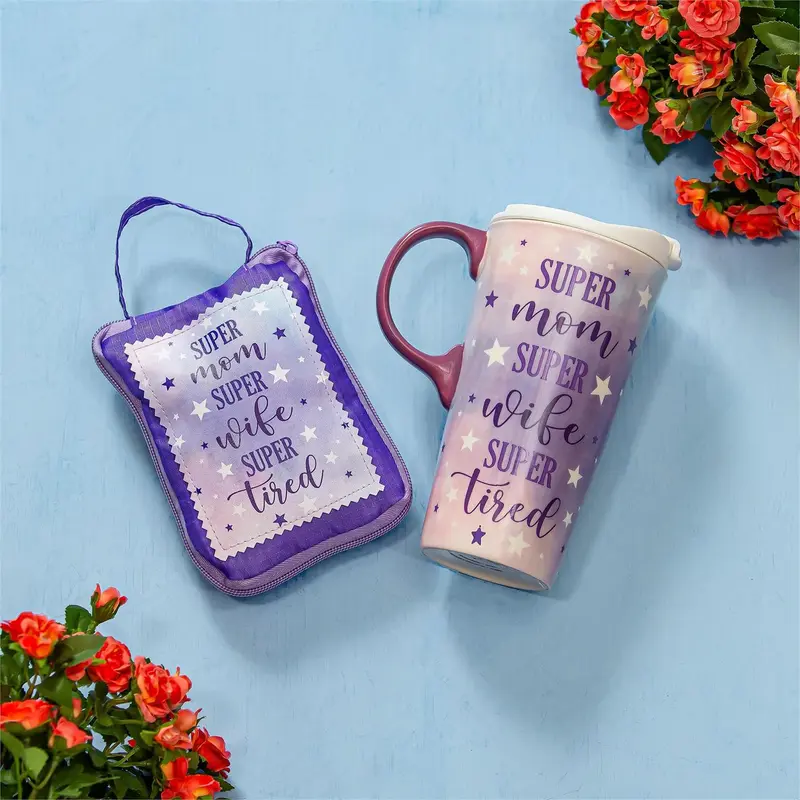 Super Mom Super Wife Super Tired Ceramic Perfect Cup and Compact Tote Giftset, 17oz, Gift Box